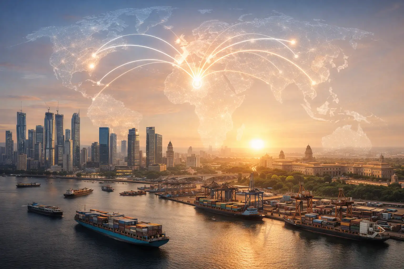 Cargo ships docked at a modern port city during sunset with a digital world map overlay showing global trade routes and international logistics connections.