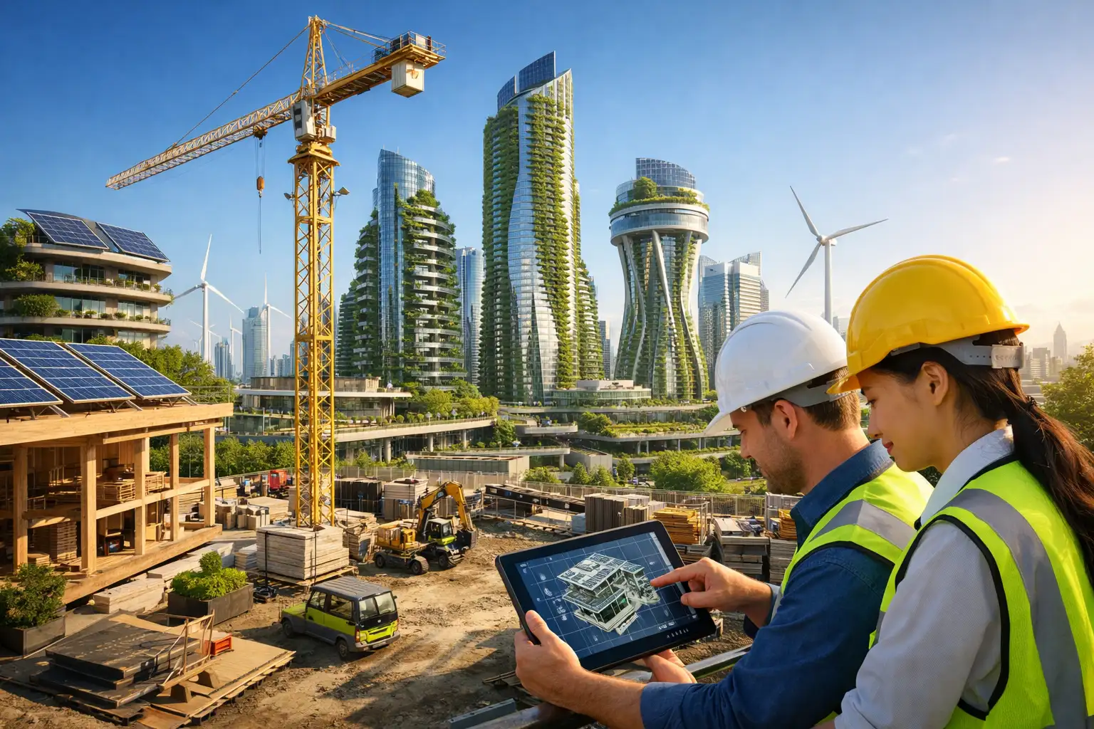 Engineers reviewing digital building plans on a tablet at a sustainable construction site with green skyscrapers, solar panels, and wind turbines in the background.